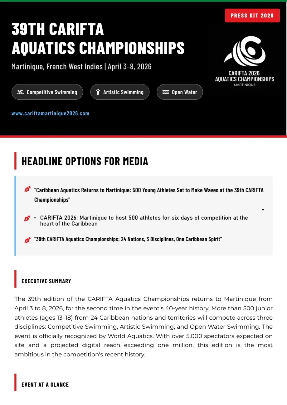 Couverture du dossier de presse international CARIFTA 2026, en anglais.