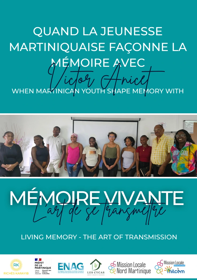 Couverture bilingue du livret Mémoire Vivante, L’art de se transmettre, avec Victor Anicet et les jeunes participants.