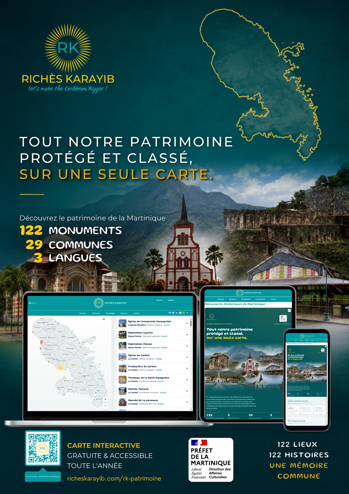Présentation de l’outil RK Patrimoine : carte interactive et fiches de monuments consultables sur ordinateur, tablette et téléphone.